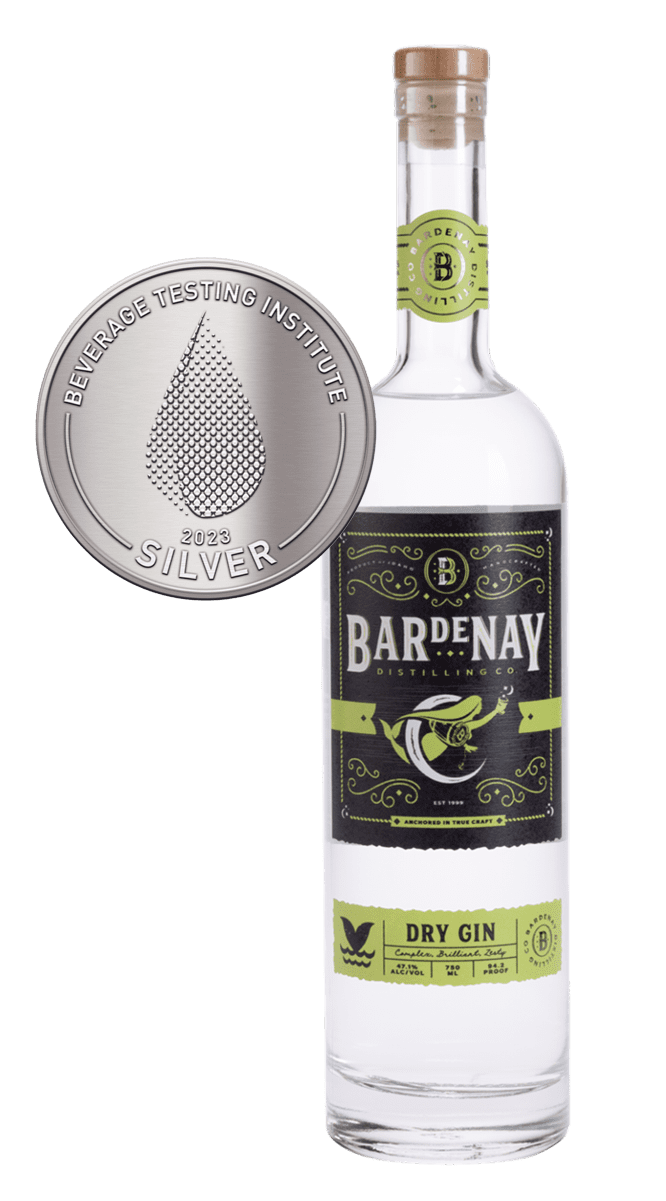 Bardenay Dry gin bottle with silver award.